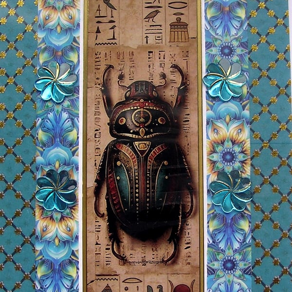 Ancient Egyptian Scarab  Beetle - Hand Crafted Decoupage Card - Blank (3288)