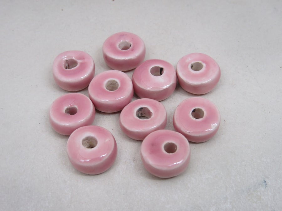10 Small Shell Pink Glazed Ceramic Washer Beads