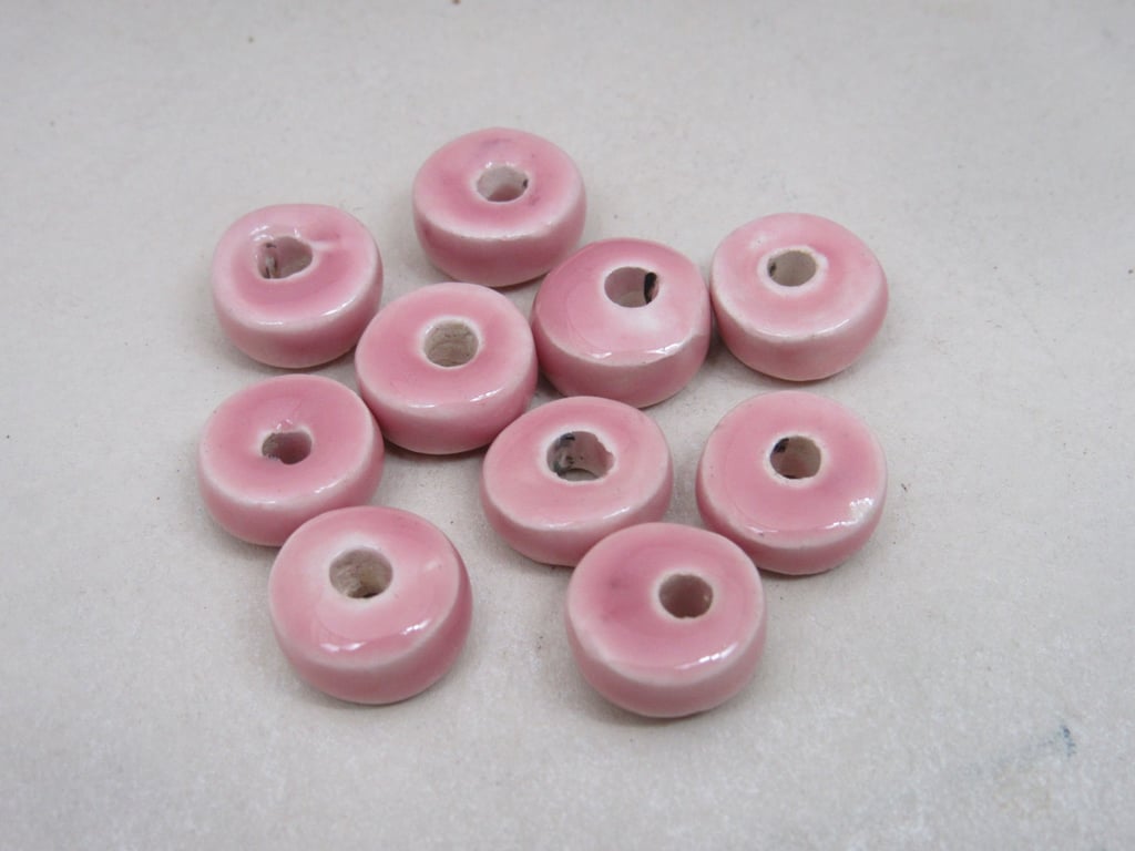 10 Small Shell Pink Glazed Ceramic Washer Beads