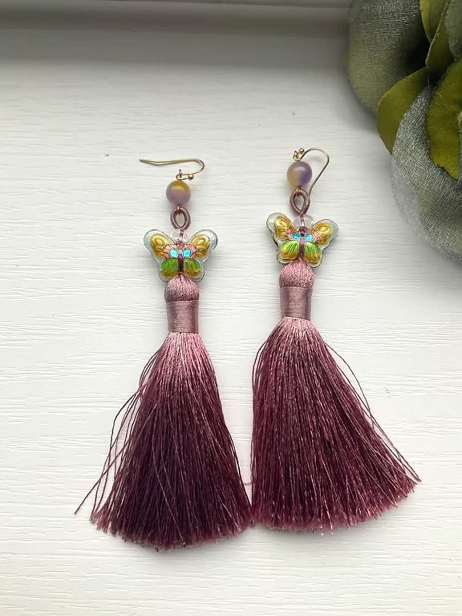 Handmade Elegant Statement Butterfly Tassel Earrings Oriental Style