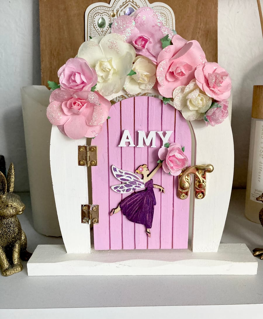 Large Personalised Painted Wood Opening Fairy Door Pink White Floral & Glitter 