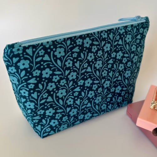 Make up bag, small toiletry bag, water resistant lining, in blue floral design