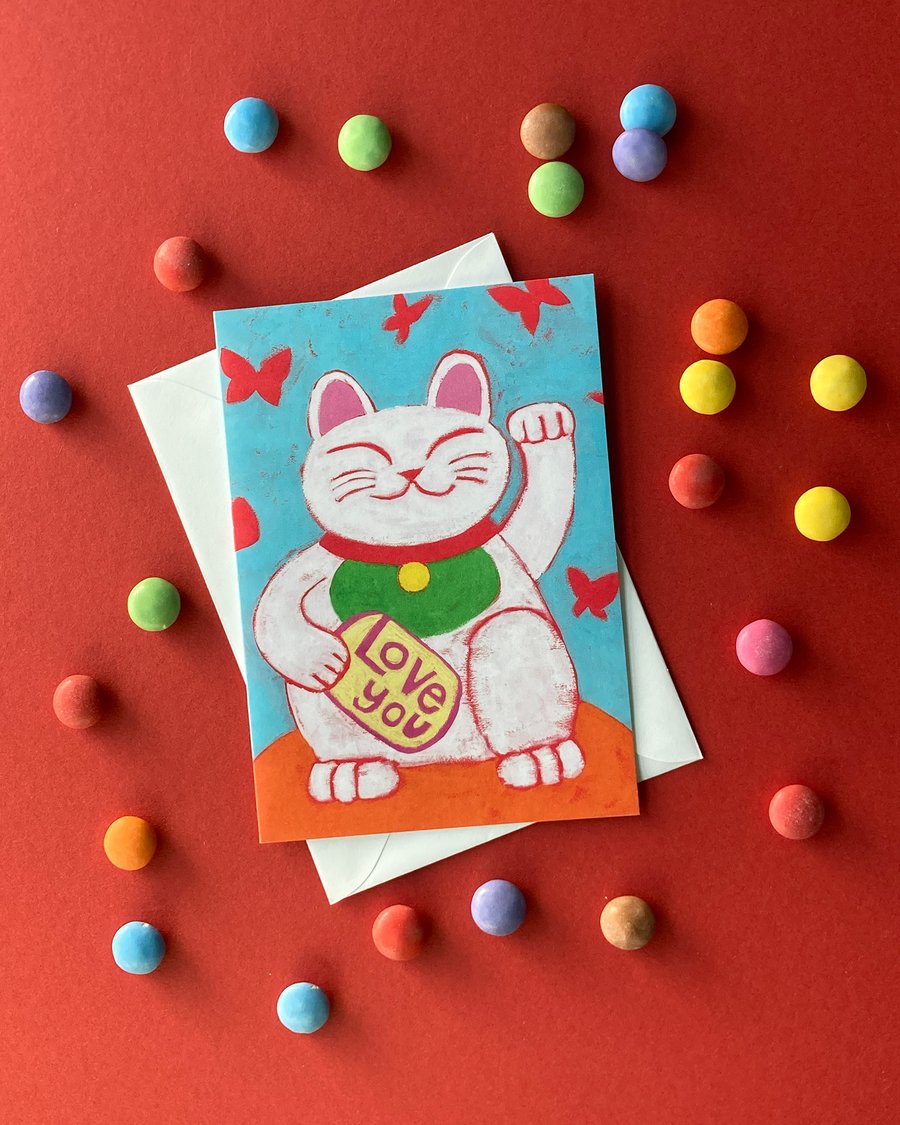 Love You Lucky Cat card -waving cat- by Jo Brown, Illustrator.