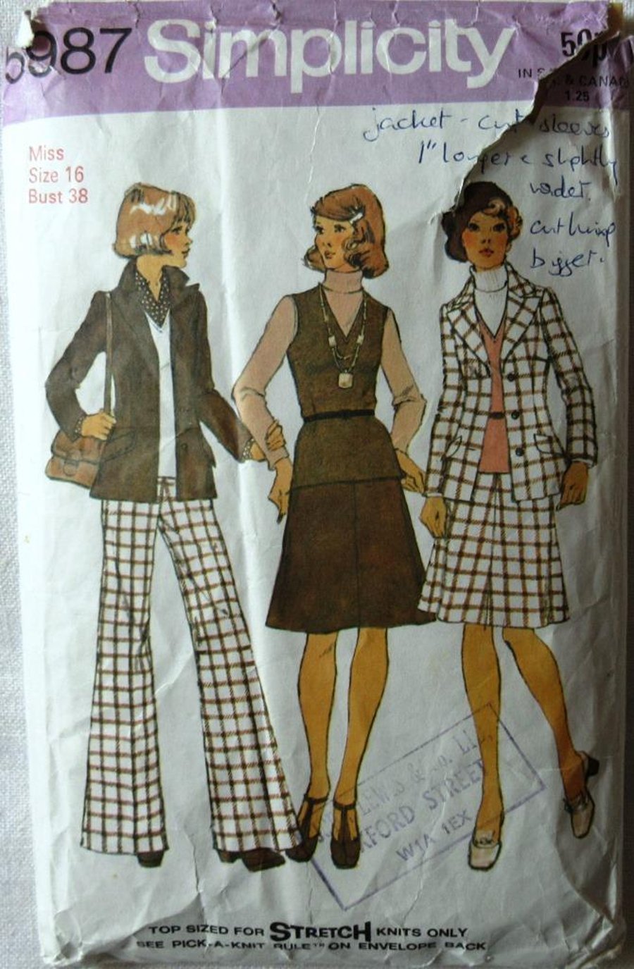 A sewing pattern for a misses' jacket, top, skirt and trousers in size 16 