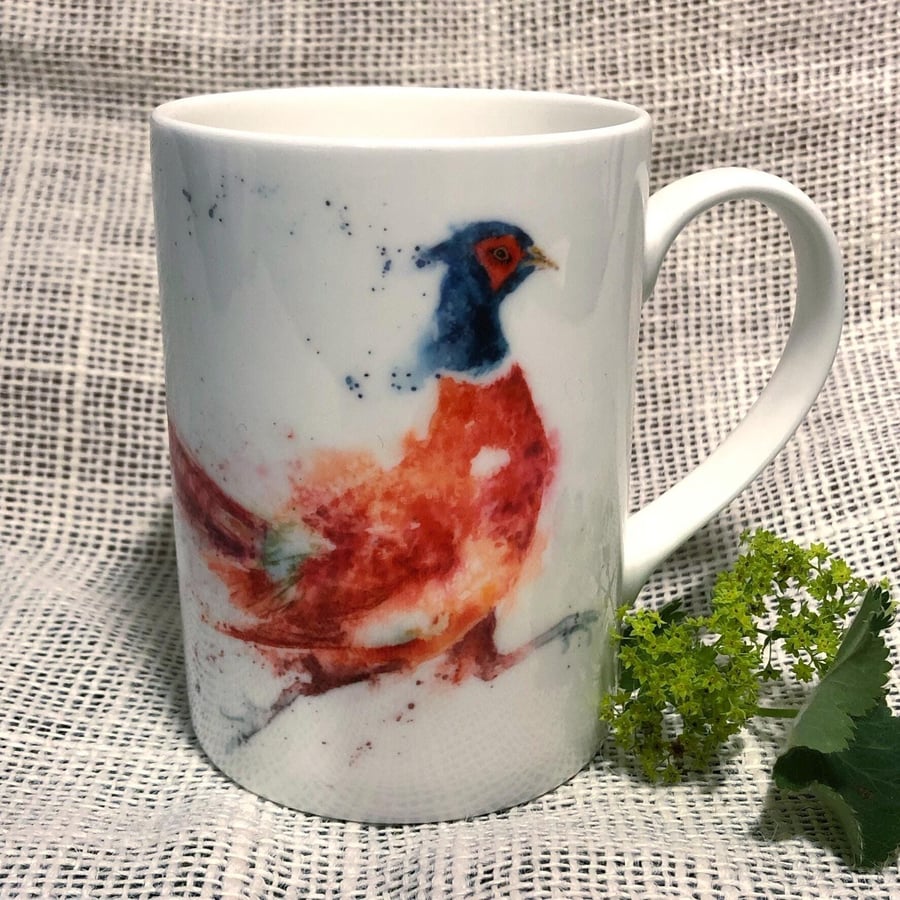 Running Pheasant Watercolour Bone China Mug, Wildlife Art Mug by Watercolour Art