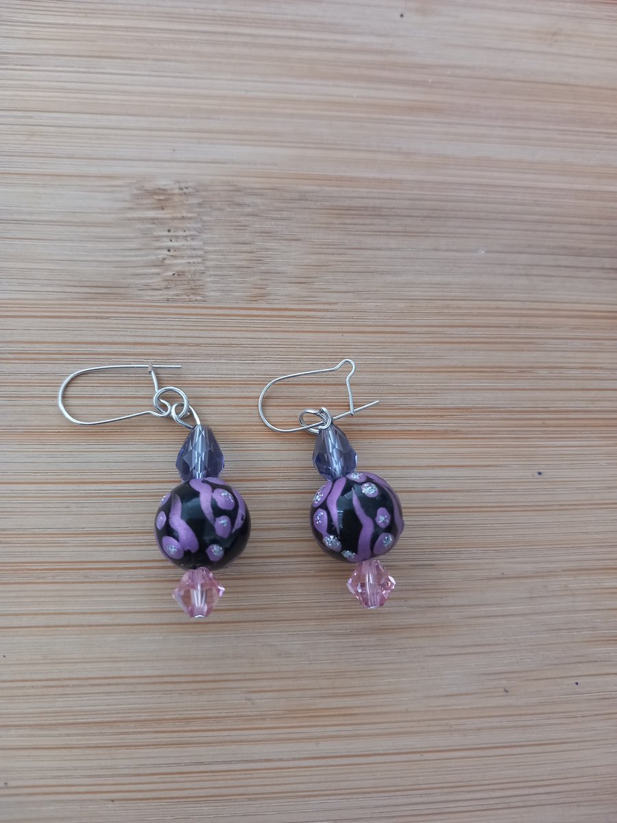 Black and pink beaded earrings for pierced ears