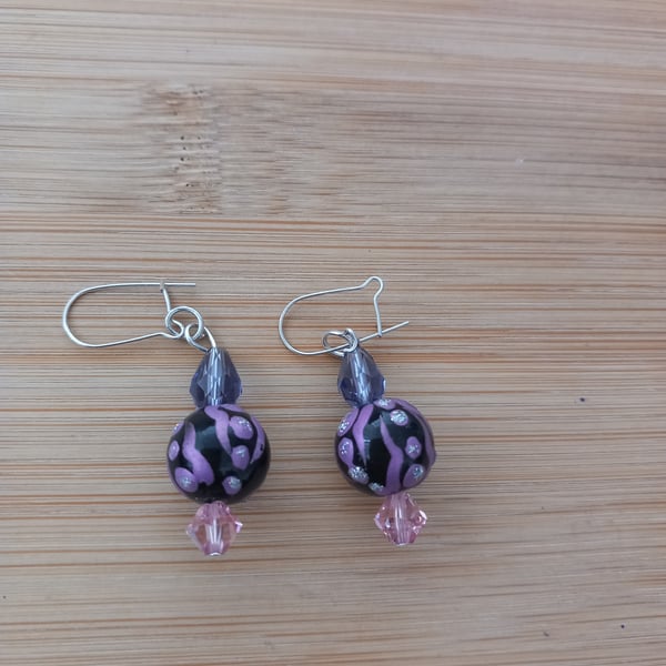 Black and pink beaded earrings for pierced ears