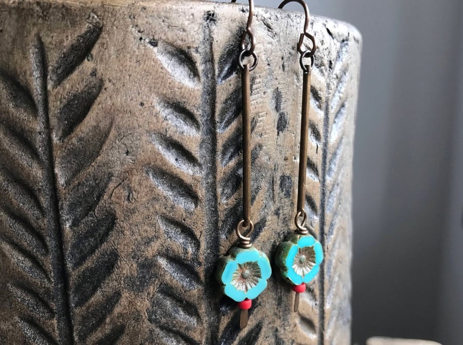 Aqua Turquoise Flower Earrings - Rustic Czech Glass, Long Bohemian Style