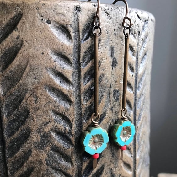 Aqua Turquoise Flower Earrings - Rustic Czech Glass, Long Bohemian Style