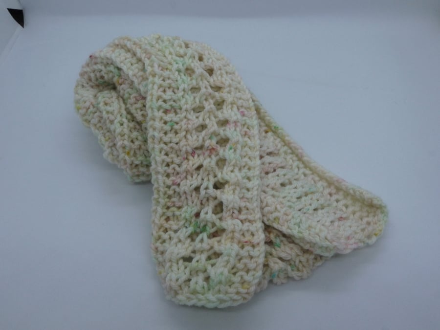 Loom knitted super wash merino and nylon ivory mix colourful summer scarf