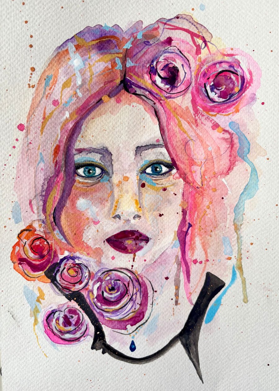 Original A4 Watercolour Portrait - Beautiful Vibrant Rosie in Black Vest