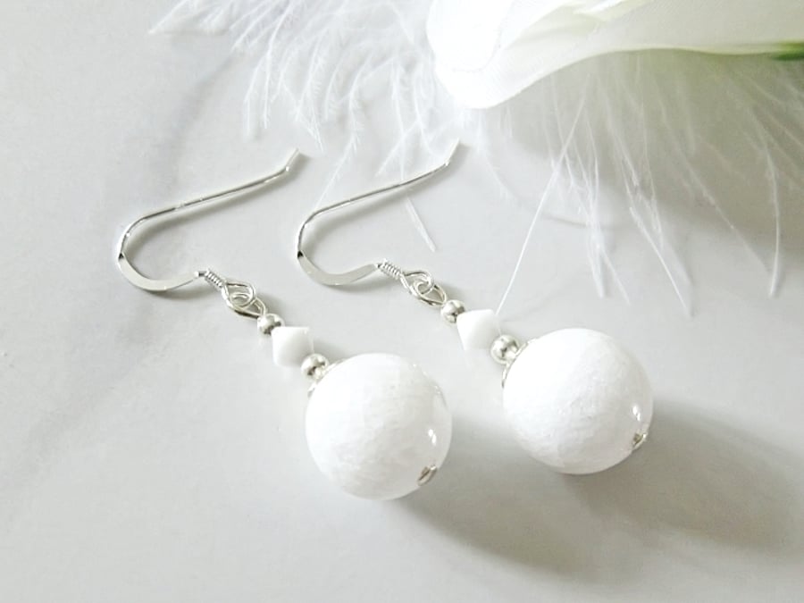 Medium Chunky Snow White Agate Earrings With Premium Crystals & Sterling Silver
