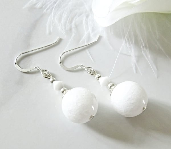 Medium Chunky Snow White Agate Earrings With Premium Crystals & Sterling Silver