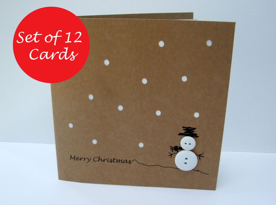 Set of 12 Christmas Cards - Button Snowman - Christmas Card Pack