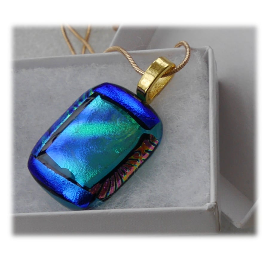 Dichroic Glass Pendant 144 Blue Teal Gold with gold plated chain