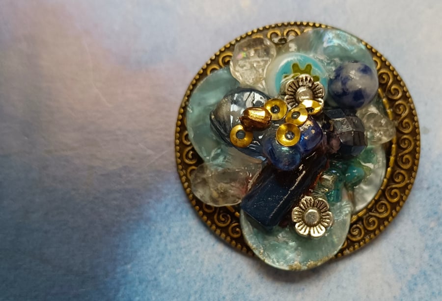 Bejewelled Brooch with Recycled Beads in Beautiful Blues