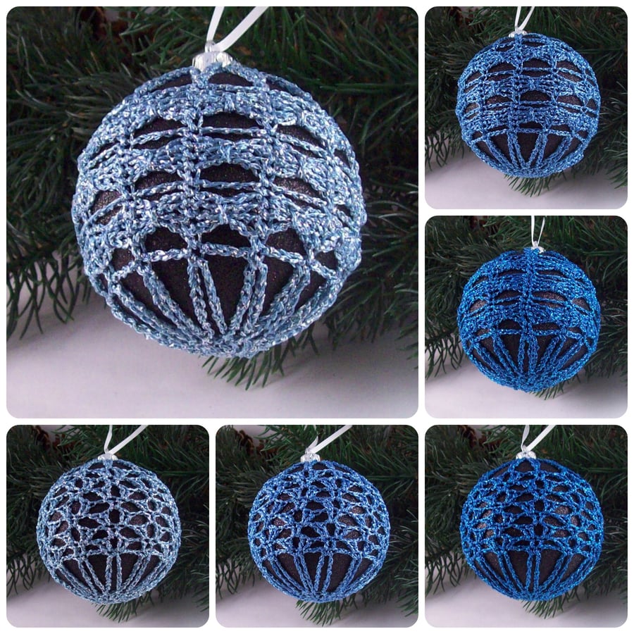 Christmas baubles boxed set of 6 large decorated with crochet lace (A48)