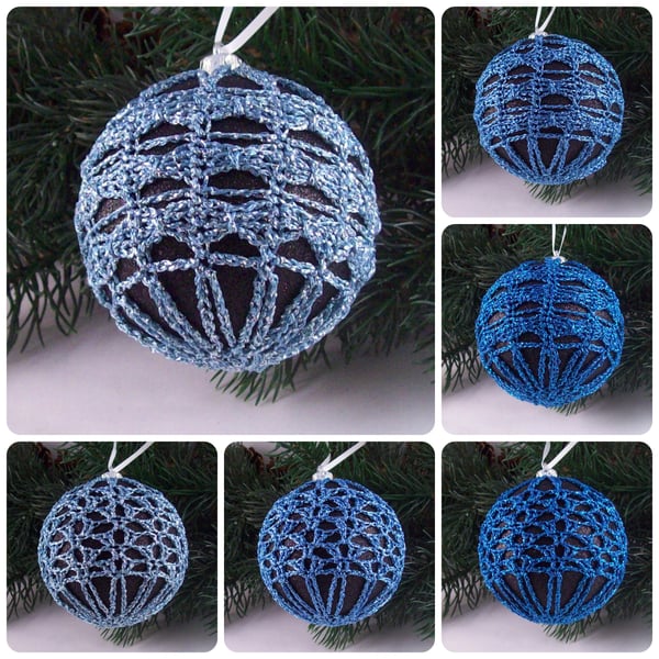 Christmas baubles boxed set of 6 large decorated with crochet lace (A48)
