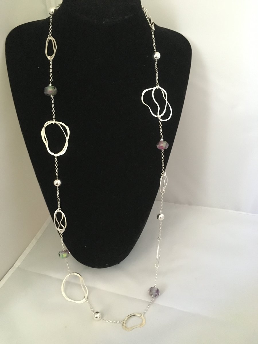 Contemporary long silver and glass necklace