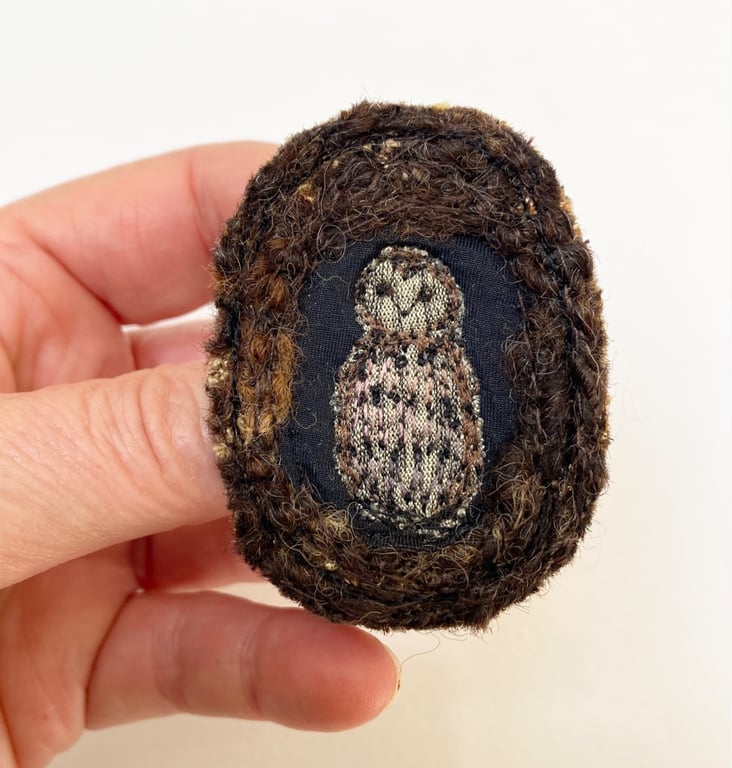 Upcycled tawny owl brooch pin or badge. 