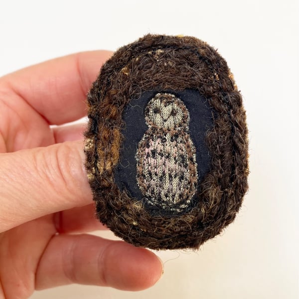 Upcycled tawny owl brooch pin or badge. 