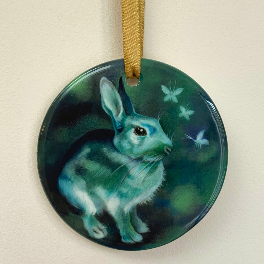 Rabbit ceramic tree ornament - rabbit & butterflies hanging decoration