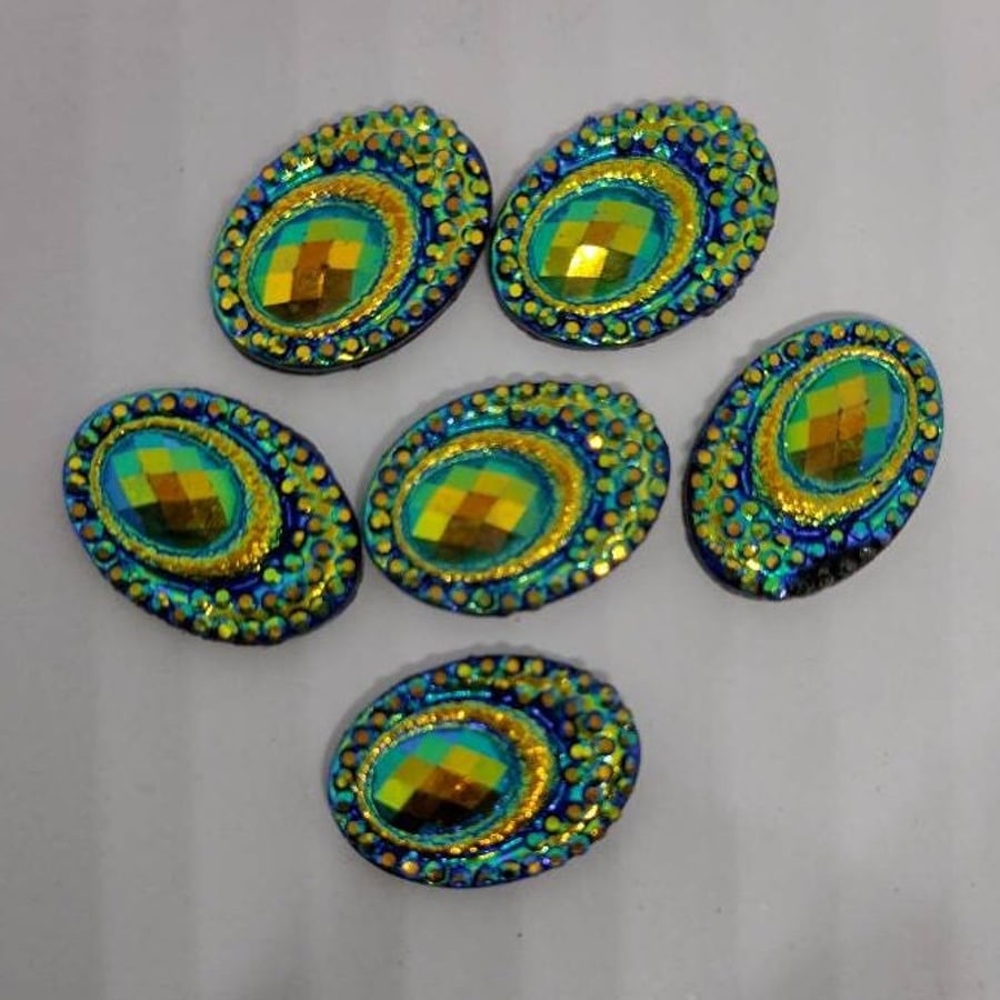 Peacock Cabochon Charms Glitter Sparkly x 6pc Jewellery Making