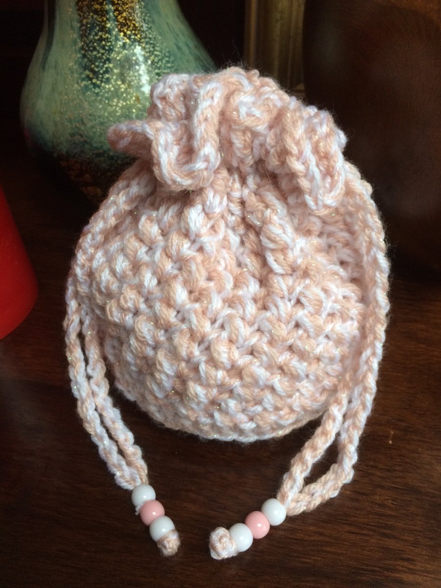 Hand Crochet Luxury Pink White Sparkly Drawstring Bag Pouch Purse Handbag