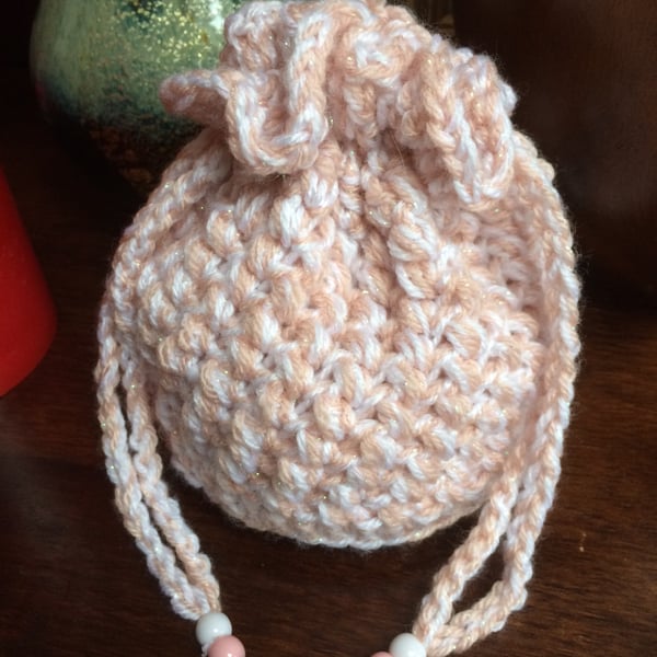 Hand Crochet Luxury Pink White Sparkly Drawstring Bag Pouch Purse Handbag