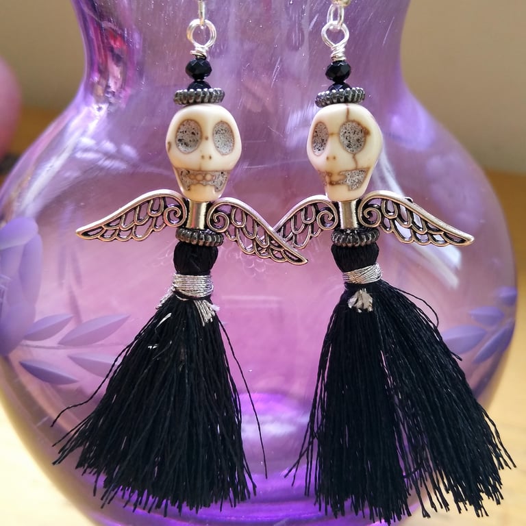 Gothic Black Tassel Skull Angel Statement Earrings