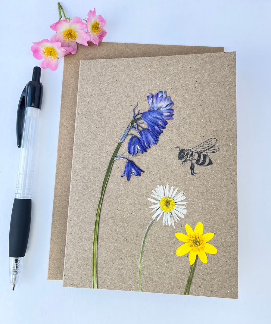 Handmade Real Pressed Flower Greeting Card and Hand Drawn Bee