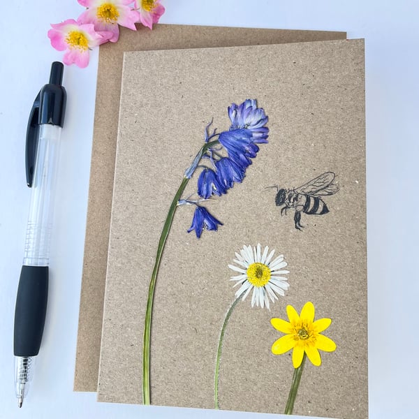 Handmade Real Pressed Flower Greeting Card and Hand Drawn Bee