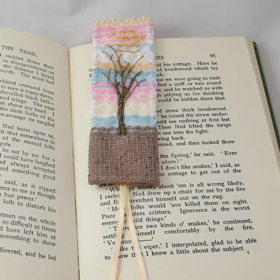 Embroidered Bookmark - Winter Sunset , embroidered layered lace