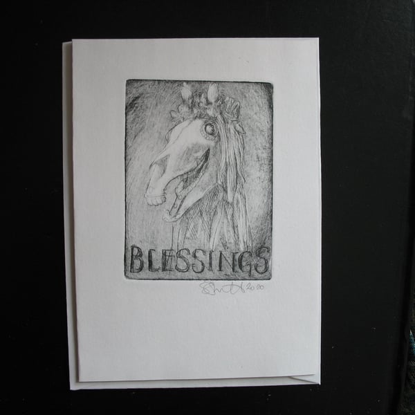 Mari Lwyd blank original etching blessings greetings card