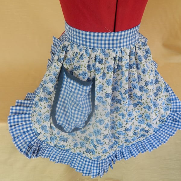 Vintage 50s Style Half Apron Pinny - Blue & White Roses with Gingham