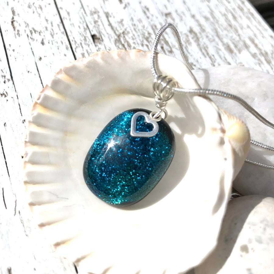 Sterling Silver & Dichroic Glass Necklace with Silver Heart Charm