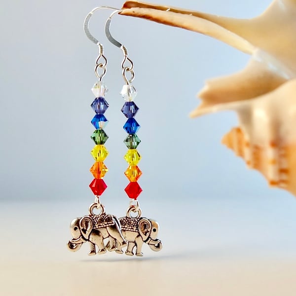Rainbow Chakra Swarovski Earrings With Elephant Charms - Handmade In Devon