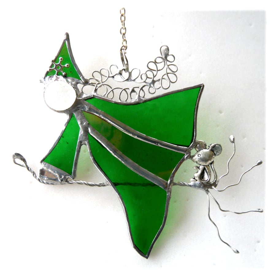 SOLD 240522 Witch on Broomstick Suncatcher Stained Glass Green 085