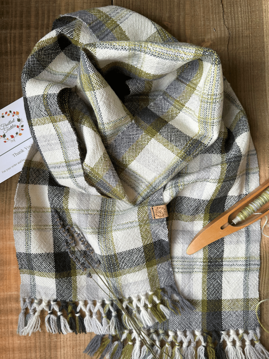 British Wool Plaid Scarf, Hand Dyed & Woven 'Winter Falls' Wool Scarf