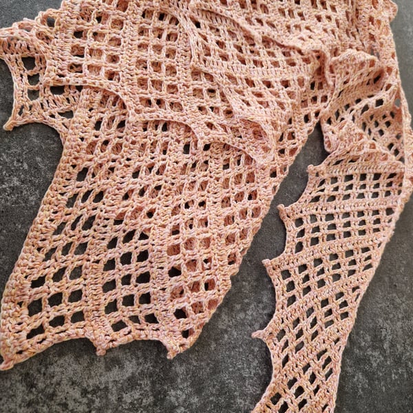 Lightweight crochet cotton scarf shawl in yellow peach