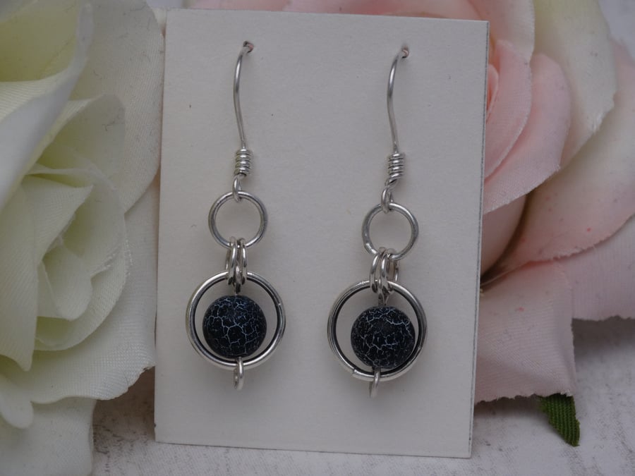 Matt blue agate and sterling silver circles earrings