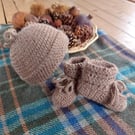 Alpaca baby hat and booties set, undyed certified alpaca, 0-6 months