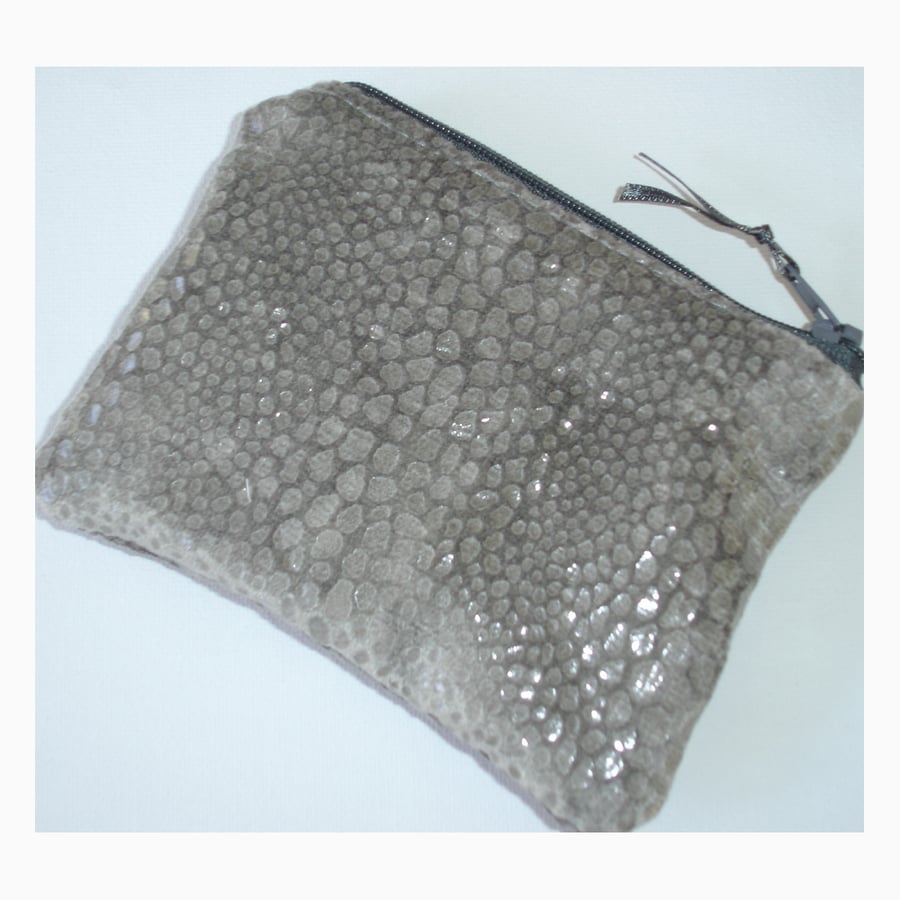 Grey Snakeskin Coin Purse Fake Snake Skin Soft Velvet Animal Print