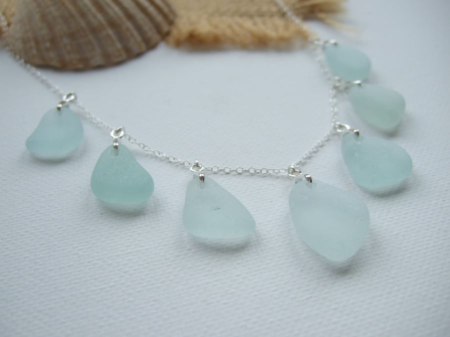 Seaham sea foam sea glass necklace, beach glass necklace, multi pendants 