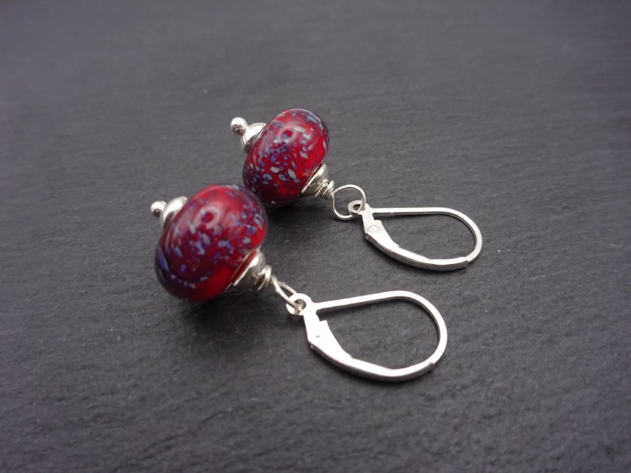red lampwork glass earrings, sterling silver lever back jewellery