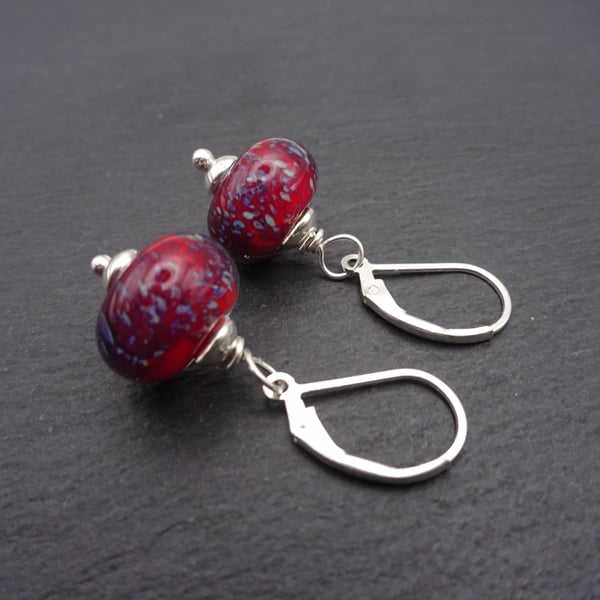 red lampwork glass earrings, sterling silver lever back jewellery