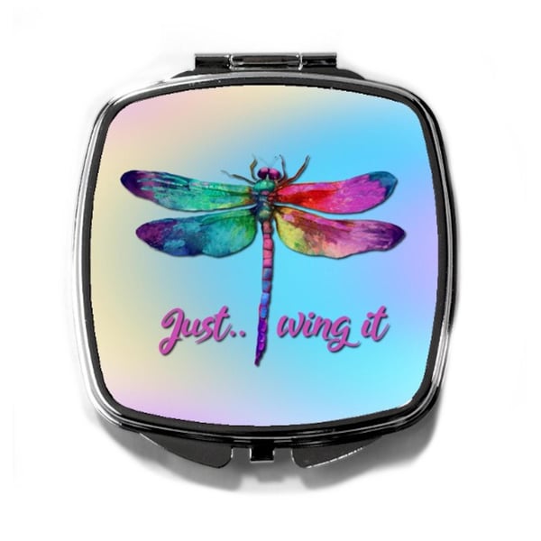 Dragonfly compact mirror for handbag with inspirational words