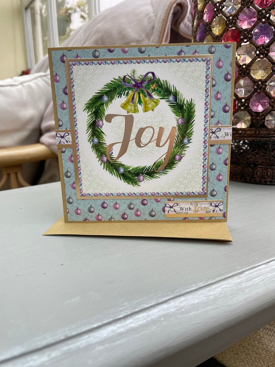 Joy, wreath and bauble christmas card