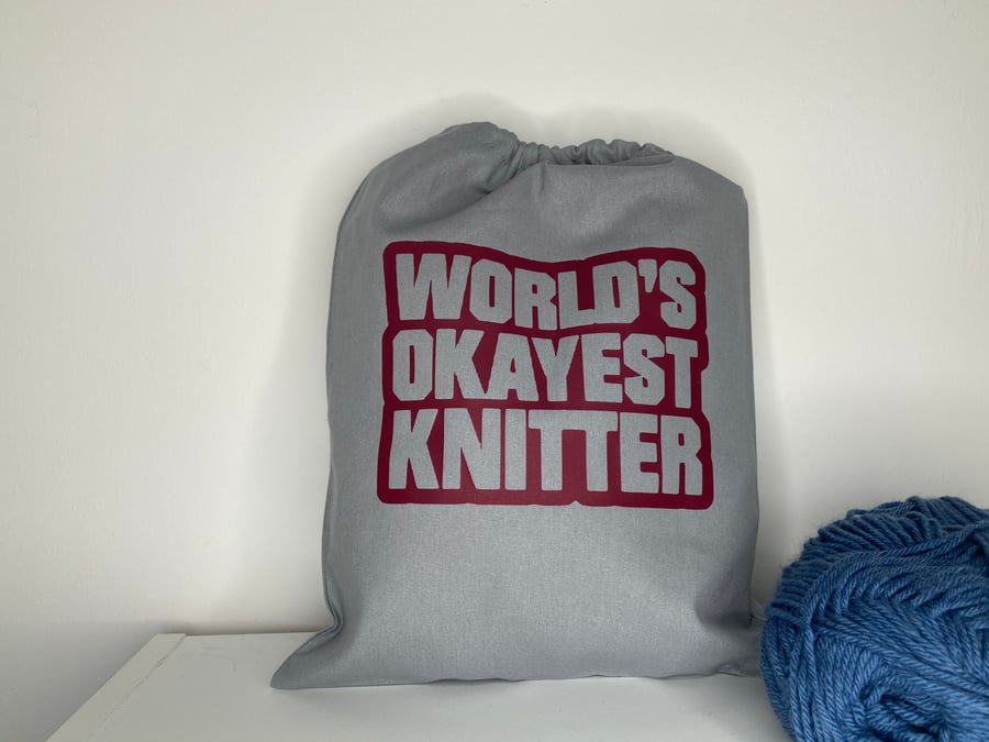 World’s Okayest Knitter, 100% cotton Knitting Sack with drawstring