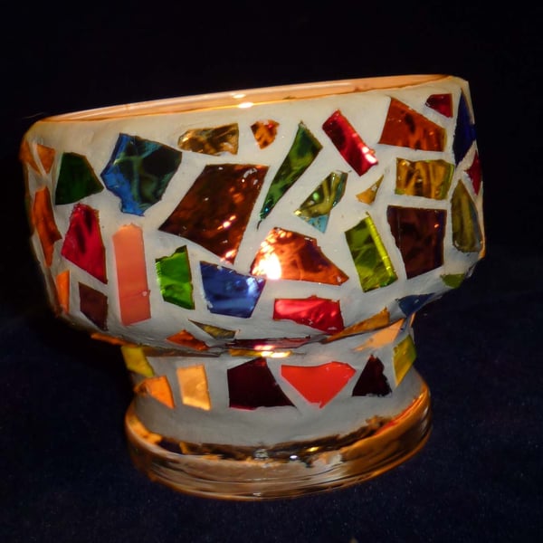 Hand made mosaic glass shaped candle vase - mixed colours & white 